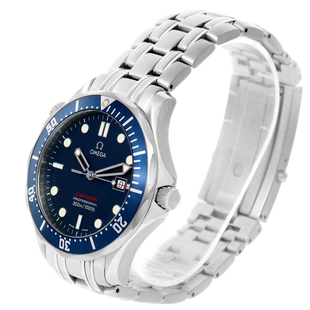 This image shows an Omega Seamaster 2221.80.00 Men
s Stainless Steel Blue Dial 2221.80.00 Men
s Stainless Steel Blue Dial watch at a three-quarter angle, detailing the blue dial, bezel, crown, and metal bracelet.