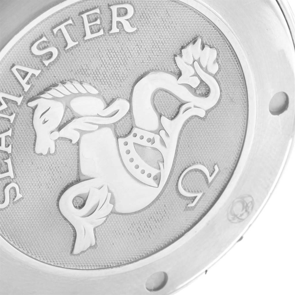 The image shows the back case of an Omega Seamaster 2221.80.00 Men
s Stainless Steel Blue Dial 2221.80.00 Men
s Stainless Steel Blue Dial watch, featuring the Seamaster logo and emblem.