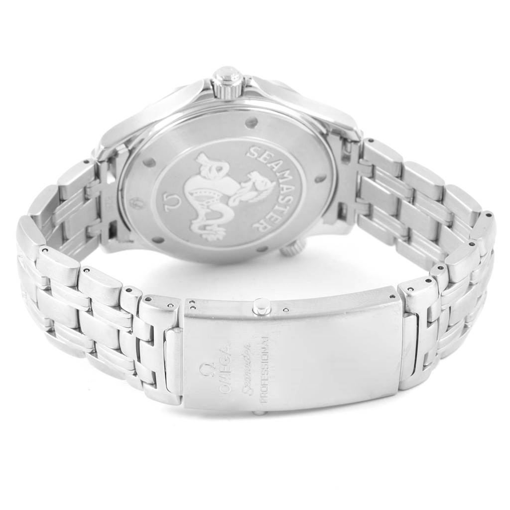 The image shows the back case and bracelet of an Omega Seamaster 2221.80.00 Men
s Stainless Steel Blue Dial 2221.80.00 Men
s Stainless Steel Blue Dial watch from a rear angle.