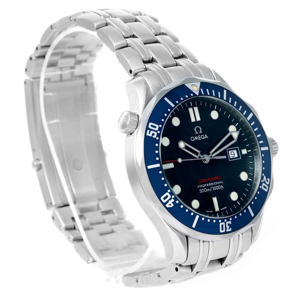 This image shows a side angle of the Omega Seamaster 2221.80.00 Men
s Stainless Steel Blue Dial 2221.80.00 Men
s Stainless Steel Blue Dial watch, highlighting the face, bezel, case, and metal bracelet.