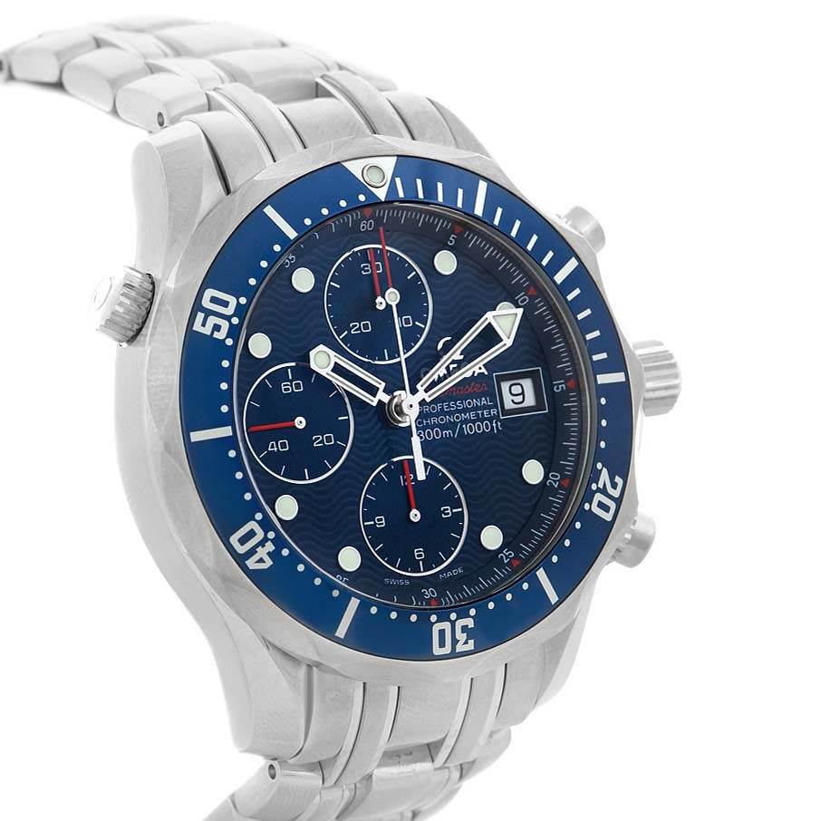The Omega Seamaster 2225.80.00 Men
s Stainless Steel Blue Dial 2225.80.00 Men
s Stainless Steel Blue Dial watch is shown from a side angle, highlighting the face, bezel, and partial bracelet.