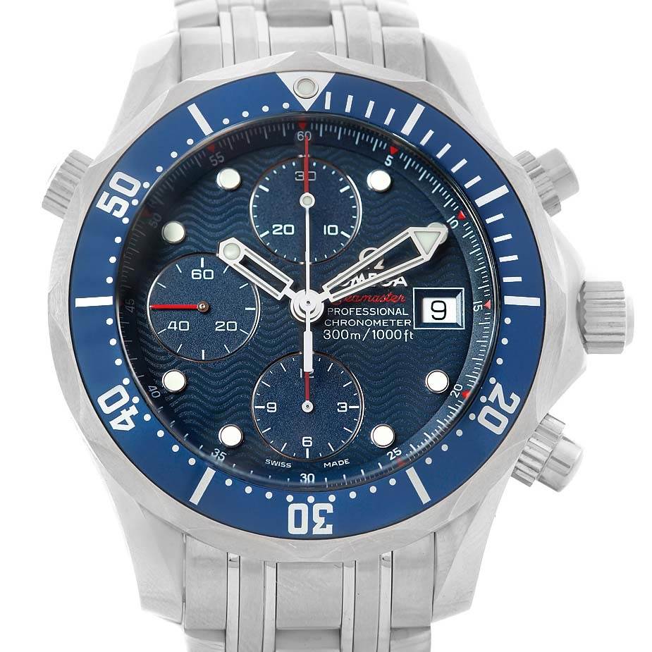 The image shows the Omega Seamaster 2225.80.00 Men
s Stainless Steel Blue Dial 2225.80.00 Men
s Stainless Steel Blue Dial watch from a front angle, highlighting its blue dial, chronograph subdials, and date window.