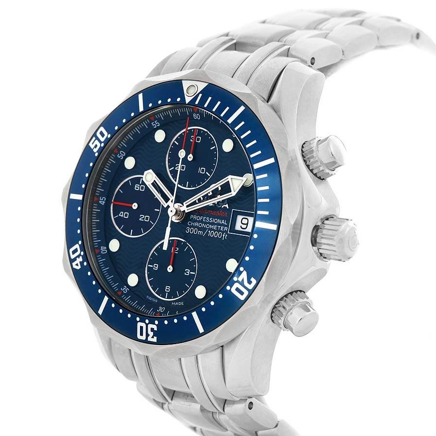 The Omega Seamaster 2225.80.00 Men
s Stainless Steel Blue Dial 2225.80.00 Men
s Stainless Steel Blue Dial watch is shown at a right-side angle, displaying the bezel, dial, and steel bracelet.