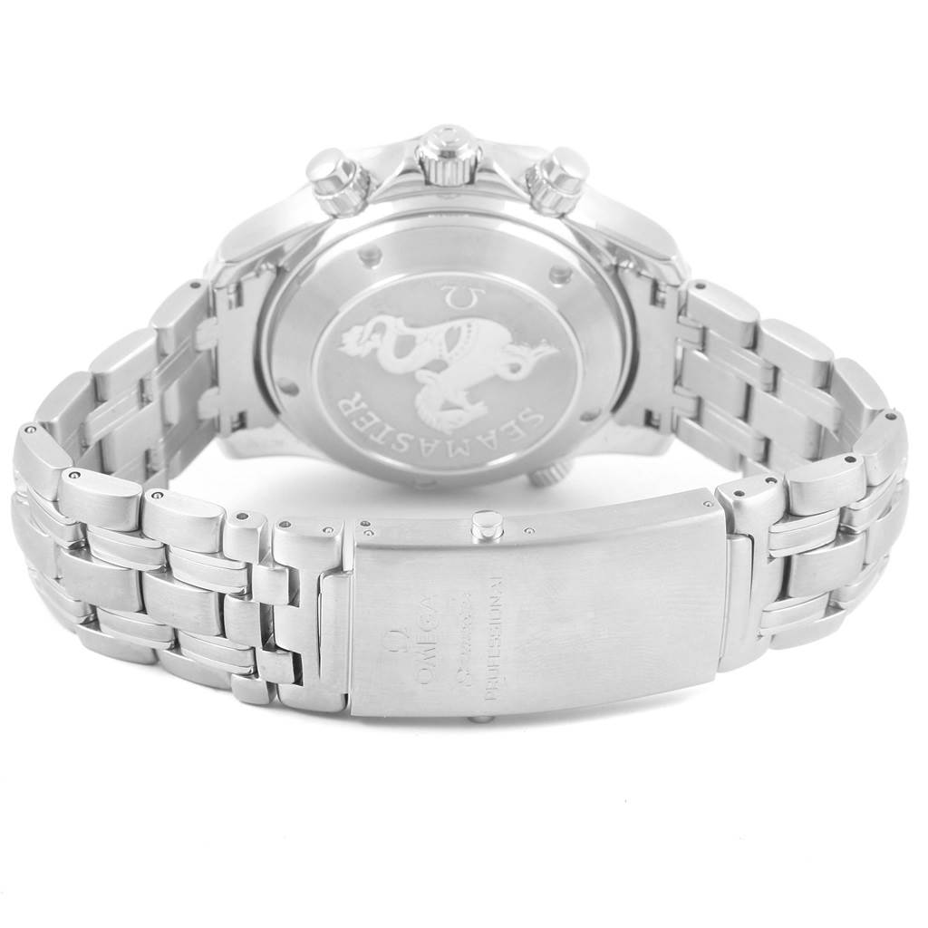 The image shows the back case and bracelet of the Omega Seamaster 2225.80.00 Men
s Stainless Steel Blue Dial 2225.80.00 Men
s Stainless Steel Blue Dial, including the clasp and the engraved case back.