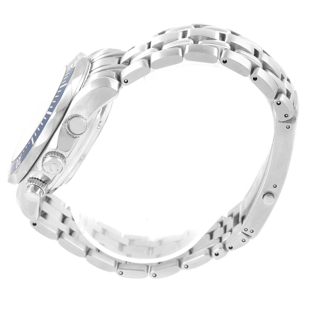 The image shows a side view of the Omega Seamaster 2225.80.00 Men
s Stainless Steel Blue Dial 2225.80.00 Men
s Stainless Steel Blue Dial watch, focusing on the case, crown, and bracelet.