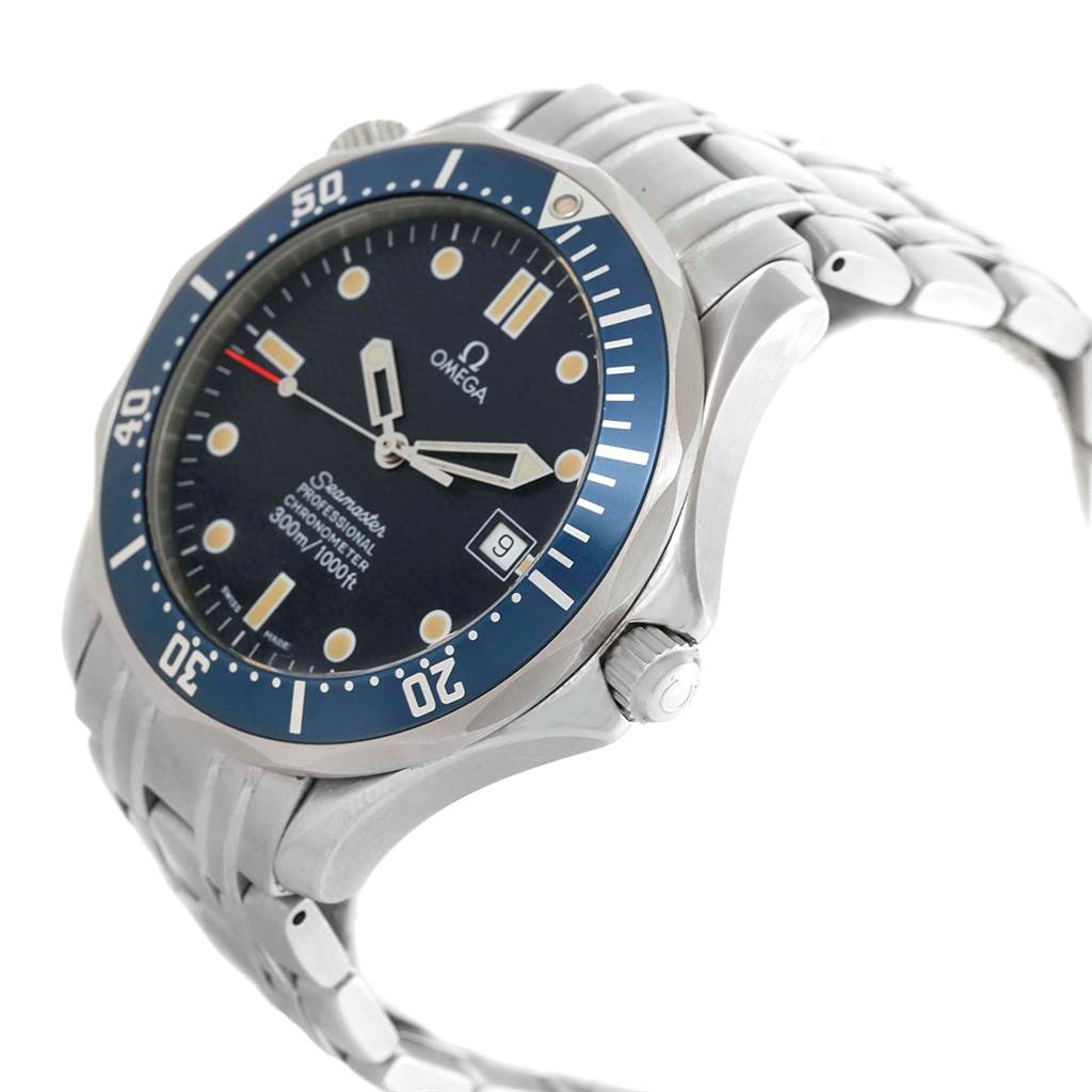This image shows a side angle of the Omega Seamaster 2531.80.00 Men
s Stainless Steel Blue Dial 2531.80.00 Men
s Stainless Steel Blue Dial watch, highlighting the bezel, dial, case, and part of the bracelet.