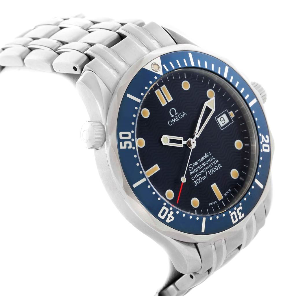 The Omega Seamaster 2531.80.00 Men
s Stainless Steel Blue Dial 2531.80.00 Men
s Stainless Steel Blue Dial watch is shown at a slight side angle, displaying the dial, bezel, and part of the metallic bracelet.