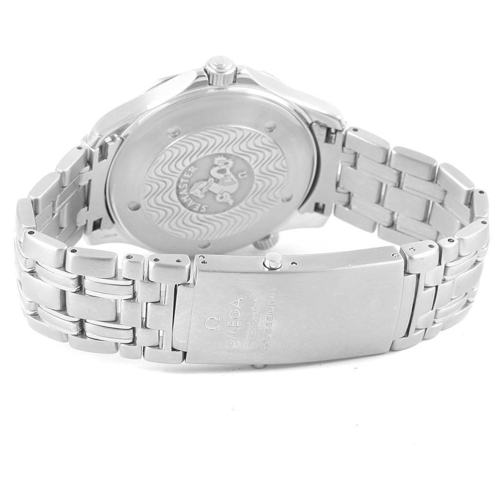 The image shows the rear caseback and clasp of an Omega Seamaster 2531.80.00 Men
s Stainless Steel Blue Dial 2531.80.00 Men
s Stainless Steel Blue Dial watch, emphasizing the bracelet and stamped details.