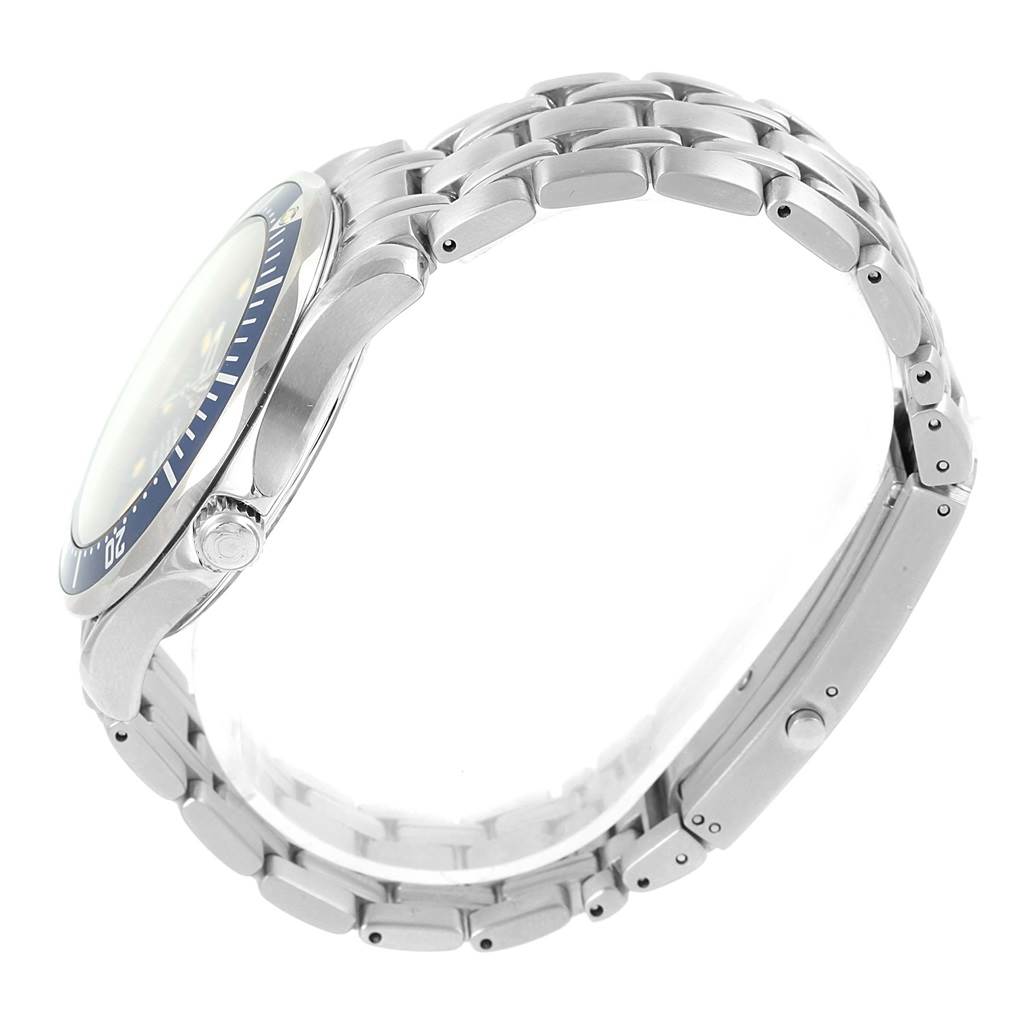 This image shows the side view of the Omega Seamaster 2531.80.00 Men
s Stainless Steel Blue Dial 2531.80.00 Men
s Stainless Steel Blue Dial watch, highlighting the bracelet, crown, and bezel.