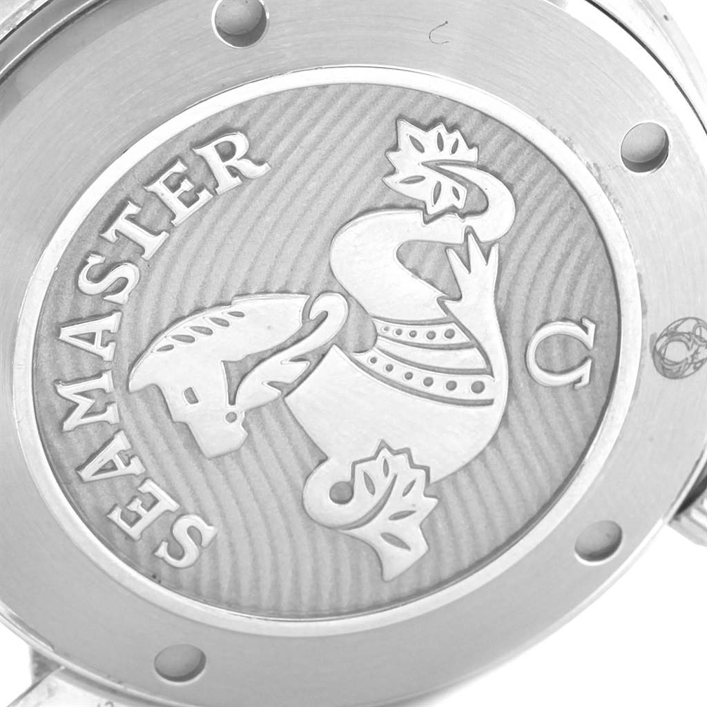 The image shows a close-up of the case back of an Omega Seamaster 212.30.41.20.03.001 Men
s Stainless Steel Blue Dial 212.30.41.20.03.001 Men
s Stainless Steel Blue Dial watch, displaying the engraved logo and "Seamaster" text.