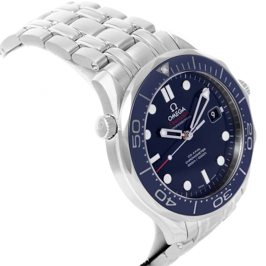 The image shows a side angle view of the Omega Seamaster 212.30.41.20.03.001 Men
s Stainless Steel Blue Dial 212.30.41.20.03.001 Men
s Stainless Steel Blue Dial showing its dial, bezel, crown, and part of the bracelet.