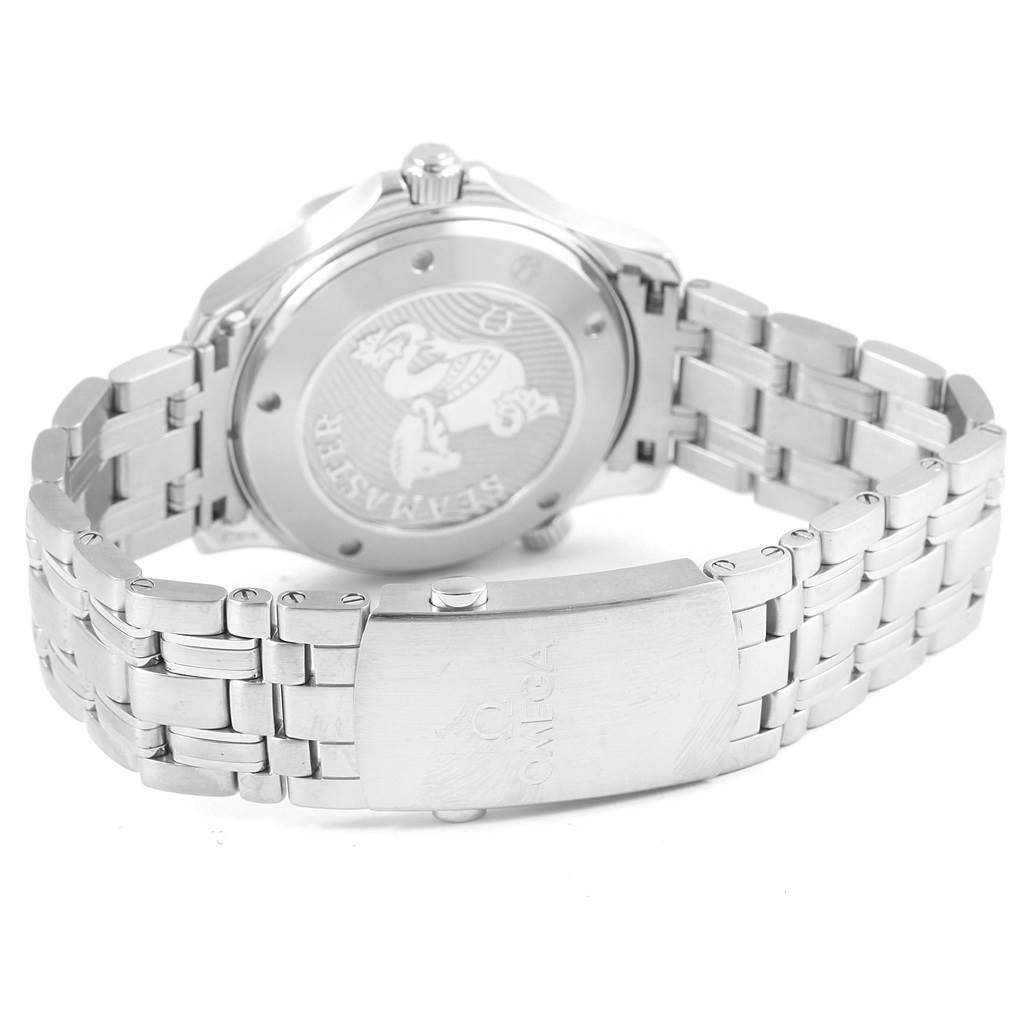 The image shows the back of the Omega Seamaster 212.30.41.20.03.001 Men
s Stainless Steel Blue Dial 212.30.41.20.03.001 Men
s Stainless Steel Blue Dial watch along with its stainless steel bracelet and clasp.