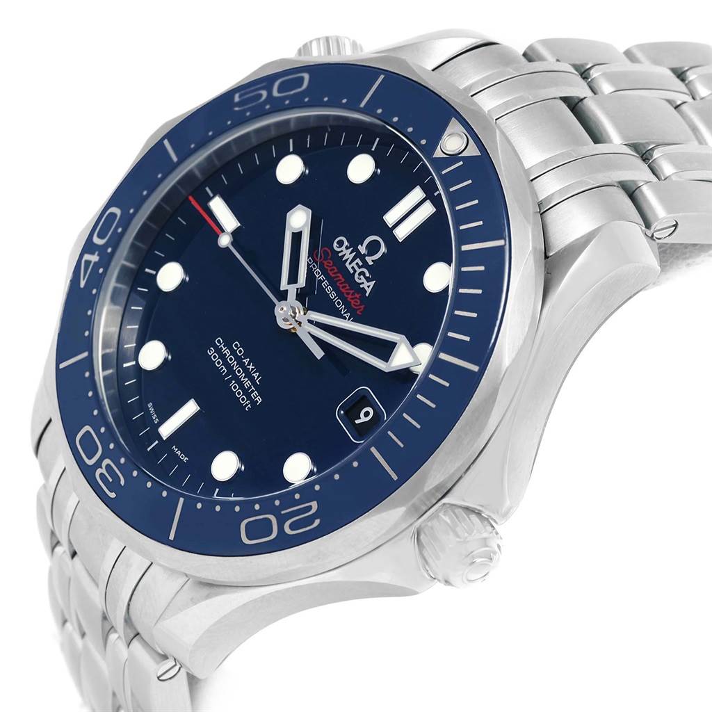 The image shows an angled view of the Omega Seamaster 212.30.41.20.03.001 Men
s Stainless Steel Blue Dial 212.30.41.20.03.001 Men
s Stainless Steel Blue Dial watch, highlighting its dial, bezel, and metal bracelet.