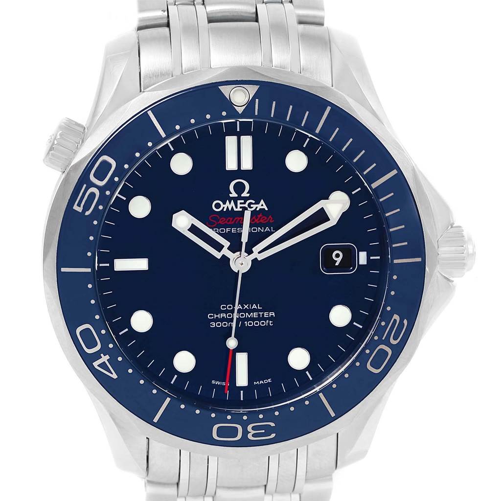 The Omega Seamaster 212.30.41.20.03.001 Men
s Stainless Steel Blue Dial 212.30.41.20.03.001 Men
s Stainless Steel Blue Dial watch is shown from the front, displaying its dial, bezel, and partial bracelet.
