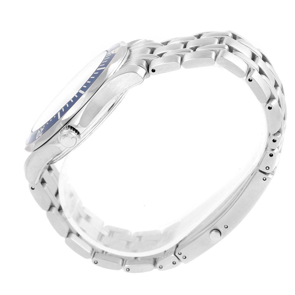 The image shows a side view of the Omega Seamaster 2531.80.00 Men
s Stainless Steel Blue Dial 2531.80.00 Men
s Stainless Steel Blue Dial watch, focusing on the stainless steel case, bezel, and bracelet.