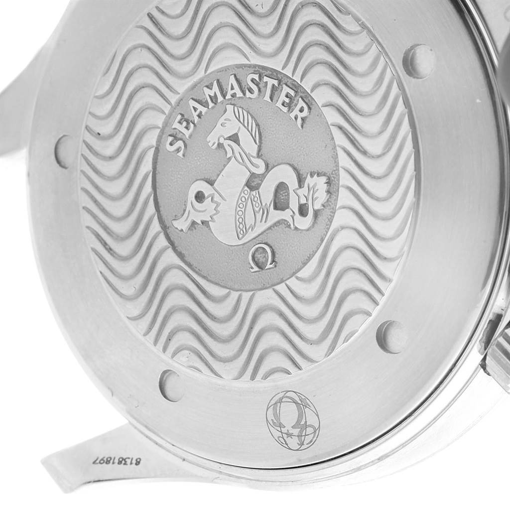 The image shows the case back of an Omega Seamaster 2255.80.00 Men
s Stainless Steel Blue Dial 2255.80.00 Men
s Stainless Steel Blue Dial watch, highlighting the wave pattern and Seamaster logo.