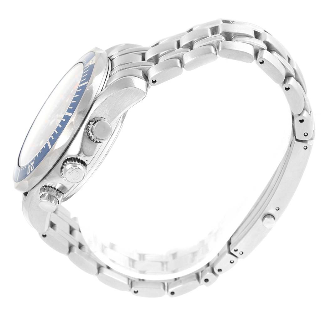 The image shows a side view of an Omega Seamaster 2599.80.00 Men
s Stainless Steel Blue Dial 2599.80.00 Men
s Stainless Steel Blue Dial watch, highlighting the crown, pushers, and metal bracelet.