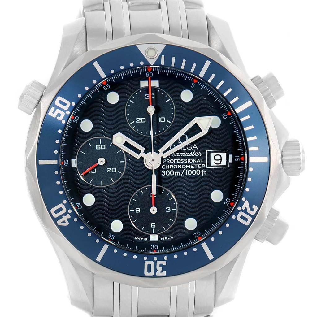 The image shows the front view of an Omega Seamaster 2599.80.00 Men
s Stainless Steel Blue Dial 2599.80.00 Men
s Stainless Steel Blue Dial watch, displaying the dial, hands, subdials, and bezel.
