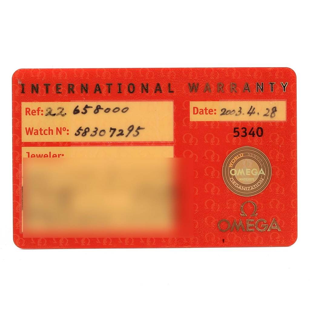 The image shows an Omega Seamaster 2265.80.00 Men
s Stainless Steel Blue Dial 2265.80.00 Men
s Stainless Steel Blue Dial International Warranty card with reference and watch numbers, date of purchase, and jeweler details.