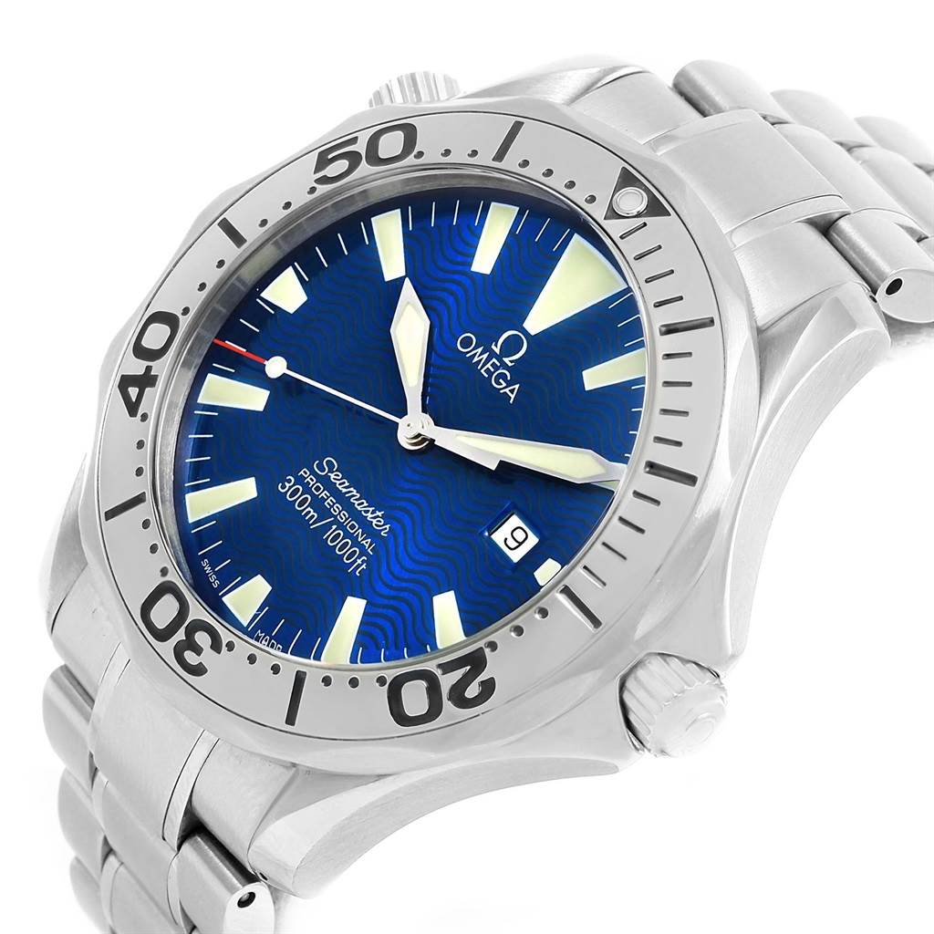 The image shows an angled view of an Omega Seamaster 2265.80.00 Men
s Stainless Steel Blue Dial 2265.80.00 Men
s Stainless Steel Blue Dial watch displaying its face, bezel, crown, and part of its bracelet.