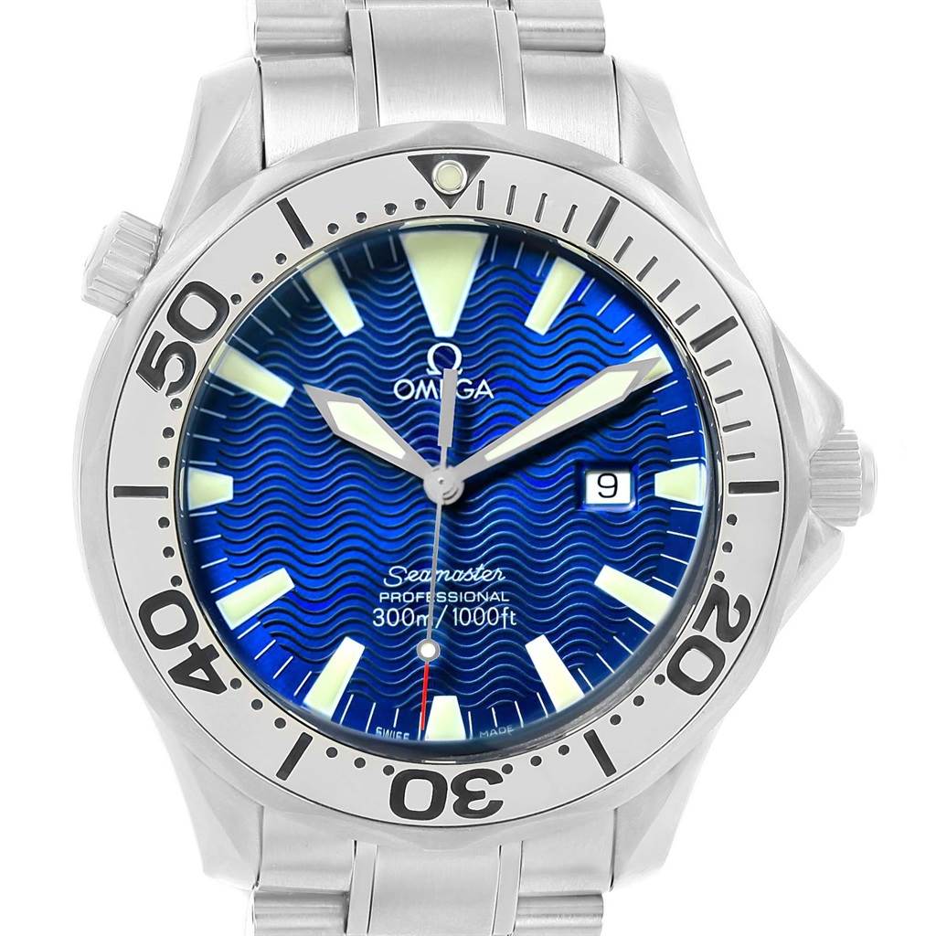 The image shows a frontal view of the Omega Seamaster 2265.80.00 Men
s Stainless Steel Blue Dial 2265.80.00 Men
s Stainless Steel Blue Dial watch, highlighting its blue dial, bezel, and stainless-steel bracelet.