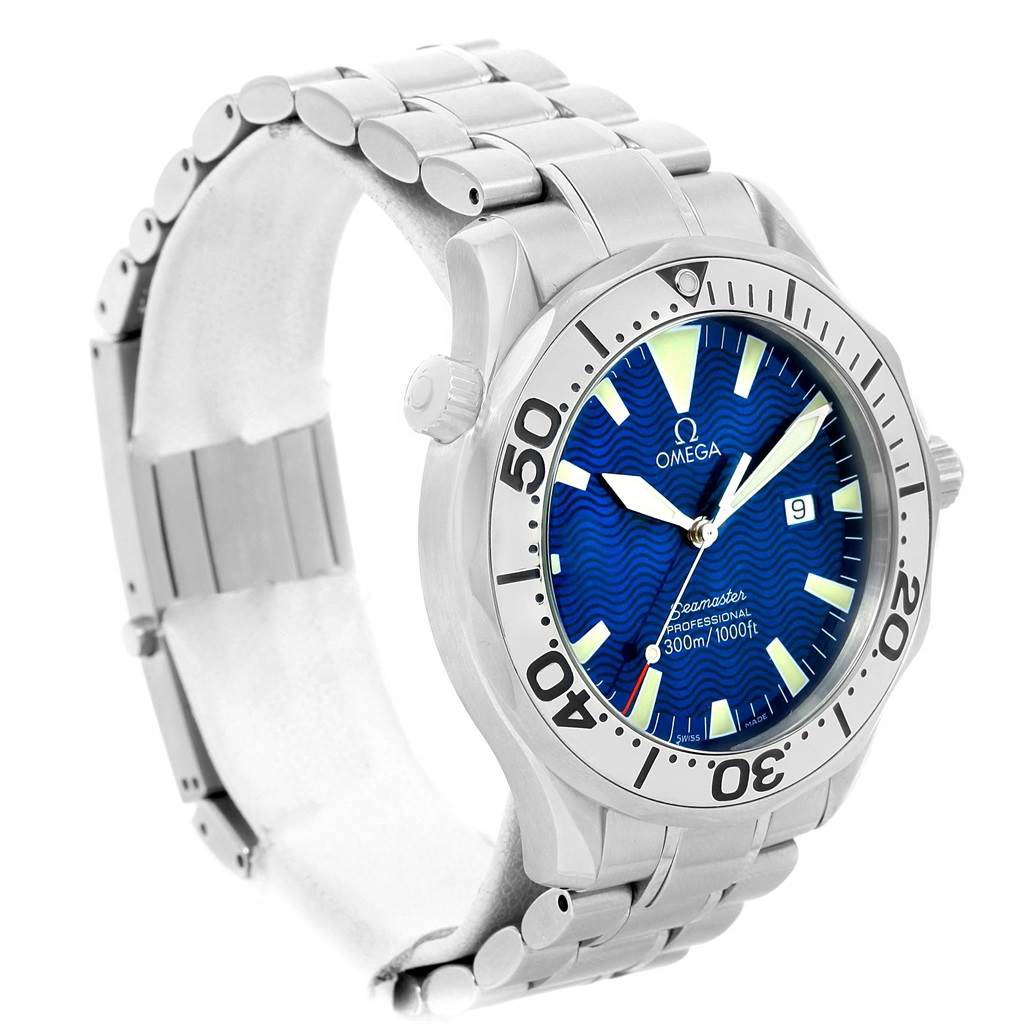 The image shows an Omega Seamaster 2265.80.00 Men
s Stainless Steel Blue Dial 2265.80.00 Men
s Stainless Steel Blue Dial watch at a slight angle, highlighting its blue dial, bezel, and stainless steel bracelet.