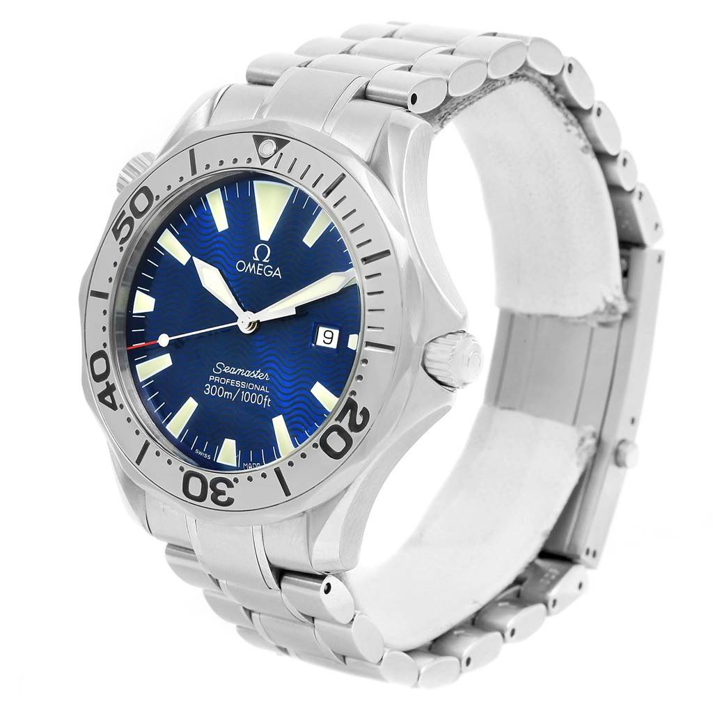 The image shows an Omega Seamaster 2265.80.00 Men
s Stainless Steel Blue Dial 2265.80.00 Men
s Stainless Steel Blue Dial watch at an angle displaying the face, bezel, and metallic strap.