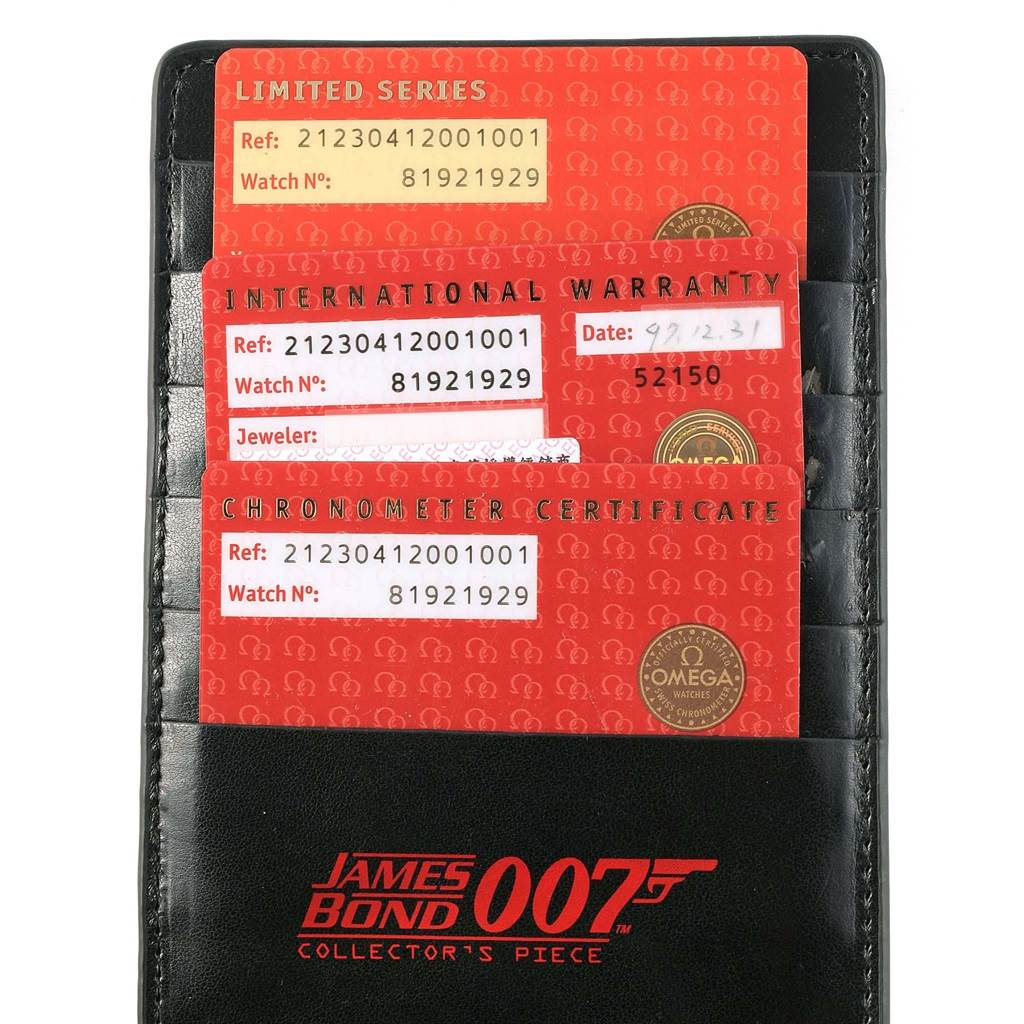 This image shows warranty and certificate cards for the Omega Seamaster 212.30.41.20.01.001 Men's Stainless Steel Black Dial 212.30.41.20.01.001 Men's Stainless Steel Black Dial James Bond 007 Collector's Piece, placed in a cardholder.