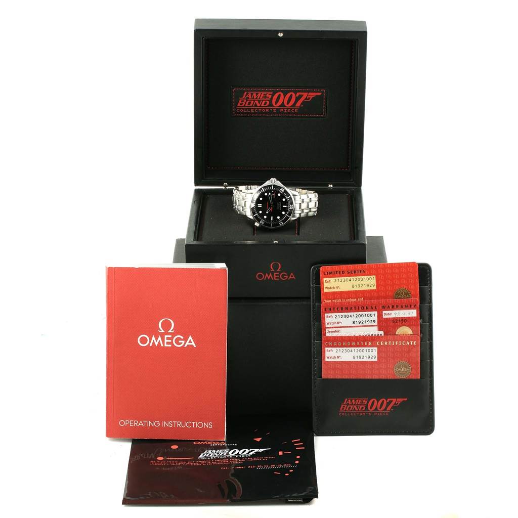 The Omega Seamaster 212.30.41.20.01.001 Men's Stainless Steel Black Dial 212.30.41.20.01.001 Men's Stainless Steel Black Dial watch is shown front-facing in its open box, accompanied by instruction manuals and warranty cards.