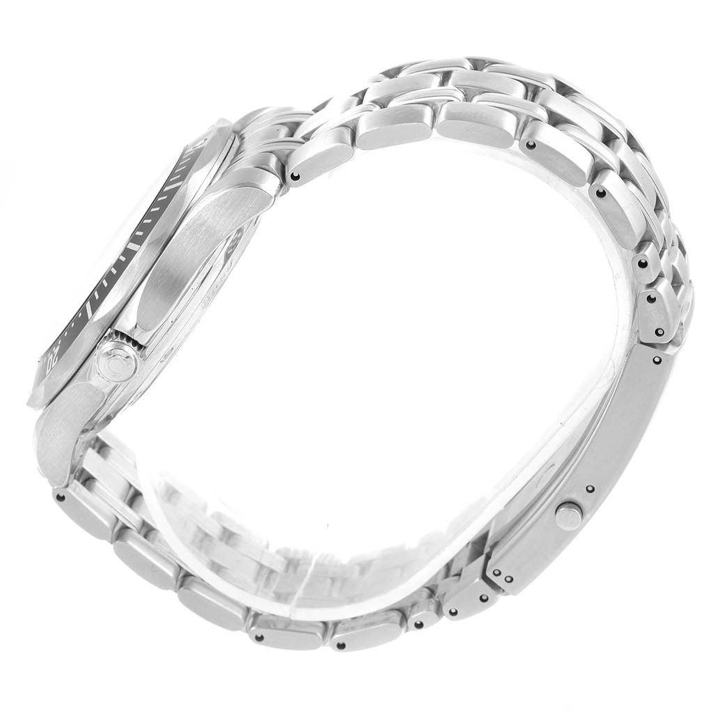 The image shows a side view of the Omega Seamaster 212.30.41.20.01.001 Men's Stainless Steel Black Dial 212.30.41.20.01.001 Men's Stainless Steel Black Dial watch, highlighting its metal band, clasp, and crown.