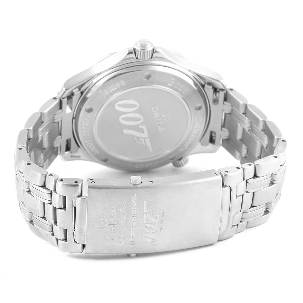 This image shows the back case and bracelet of an Omega Seamaster 212.30.41.20.01.001 Men's Stainless Steel Black Dial 212.30.41.20.01.001 Men's Stainless Steel Black Dial watch at an angled rear view.