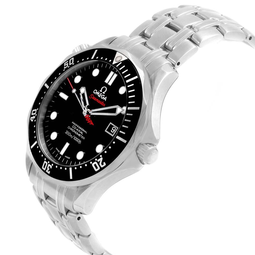 The image shows an angled view of an Omega Seamaster 212.30.41.20.01.001 Men's Stainless Steel Black Dial 212.30.41.20.01.001 Men's Stainless Steel Black Dial watch, highlighting the dial, bezel, and metal strap.