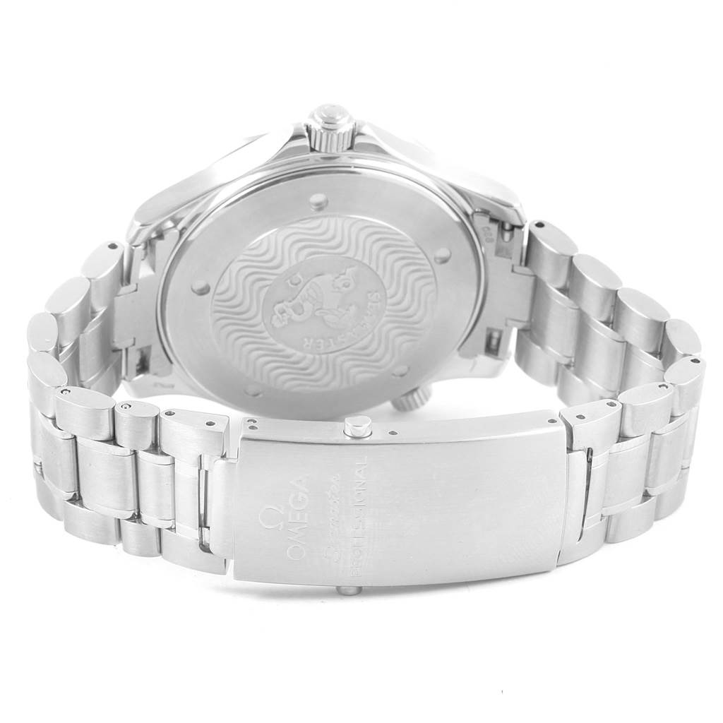 The image shows the back case and bracelet of an Omega Seamaster 2254.50.00 Men
s Stainless Steel Black Dial 2254.50.00 Men
s Stainless Steel Black Dial watch, focusing on its clasp and detailed case back.