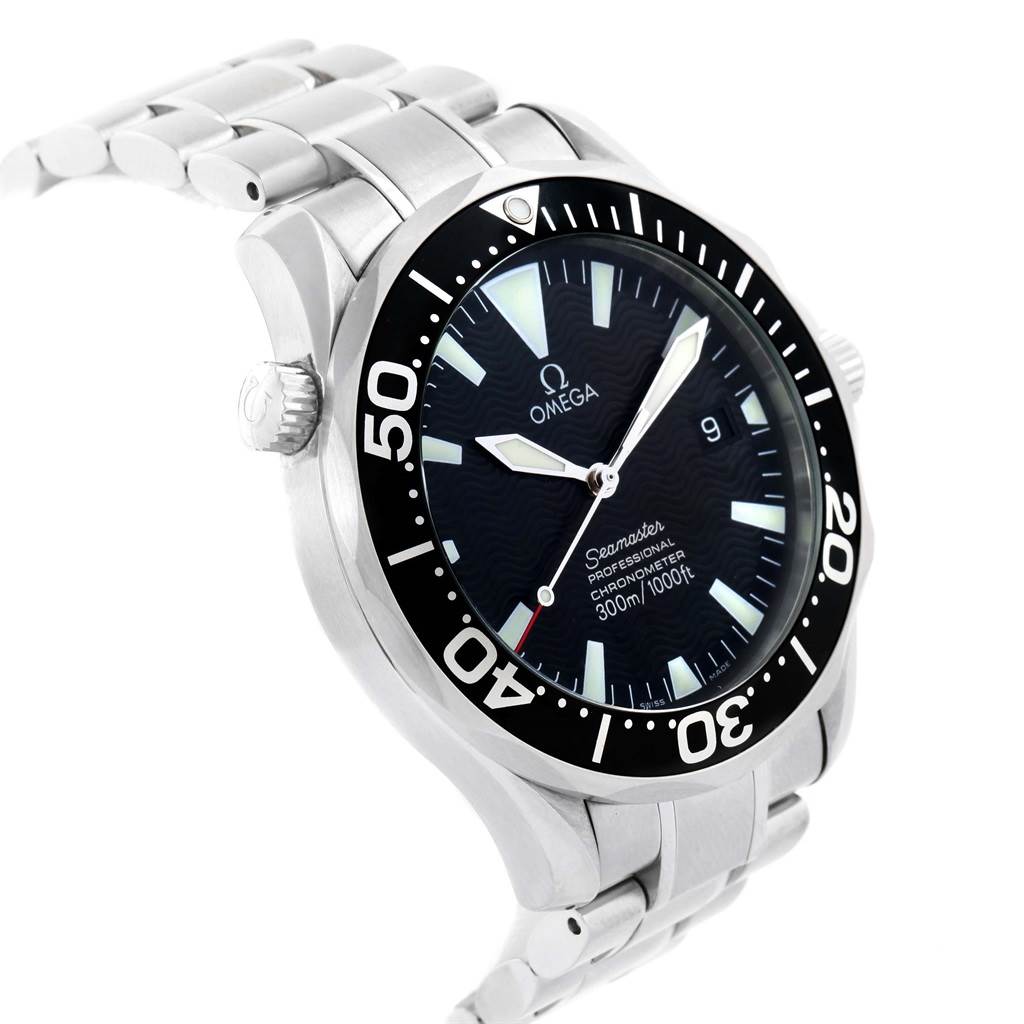 The image shows a side-angle view of an Omega Seamaster 2254.50.00 Men
s Stainless Steel Black Dial 2254.50.00 Men
s Stainless Steel Black Dial watch, highlighting the dial, bezel, crown, and bracelet.