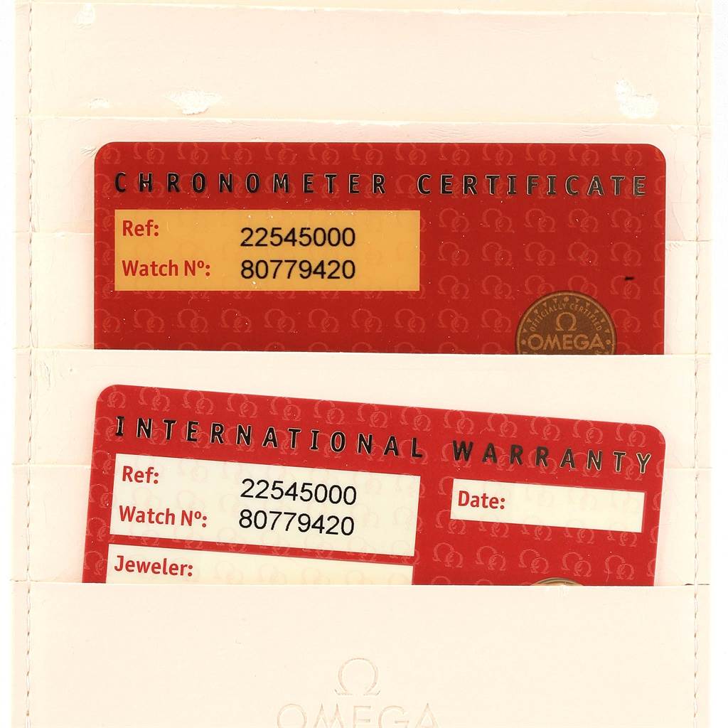 This image shows the Chronometer Certificate and International Warranty cards for an Omega Seamaster 2254.50.00 Men
s Stainless Steel Black Dial 2254.50.00 Men
s Stainless Steel Black Dial watch.