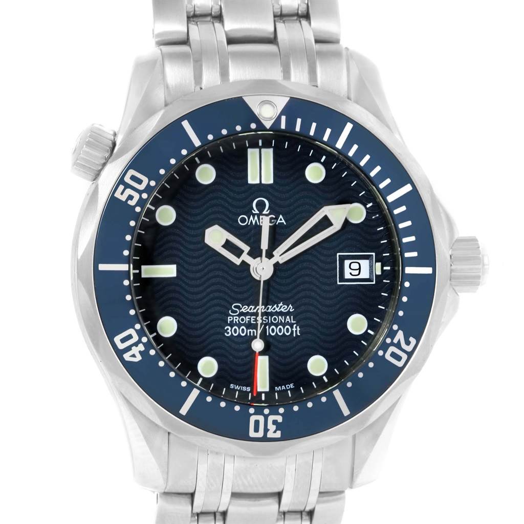 The Omega Seamaster 2561.80.00 Men
s Stainless Steel Blue Dial 2561.80.00 Men
s Stainless Steel Blue Dial watch is shown from a front angle, displaying the dial, bezel, and part of the bracelet.
