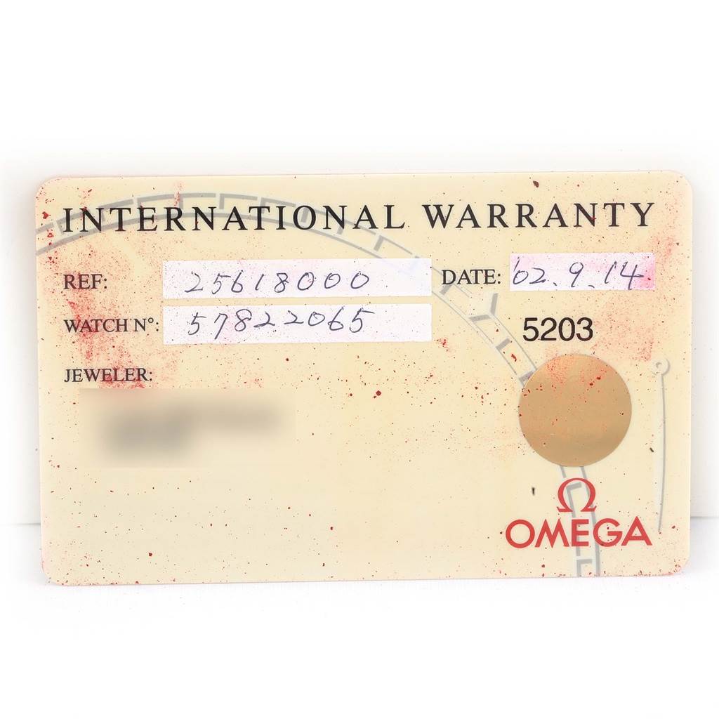 The image shows an Omega Seamaster 2561.80.00 Men
s Stainless Steel Blue Dial 2561.80.00 Men
s Stainless Steel Blue Dial International Warranty card, displaying the reference number and other purchase details.