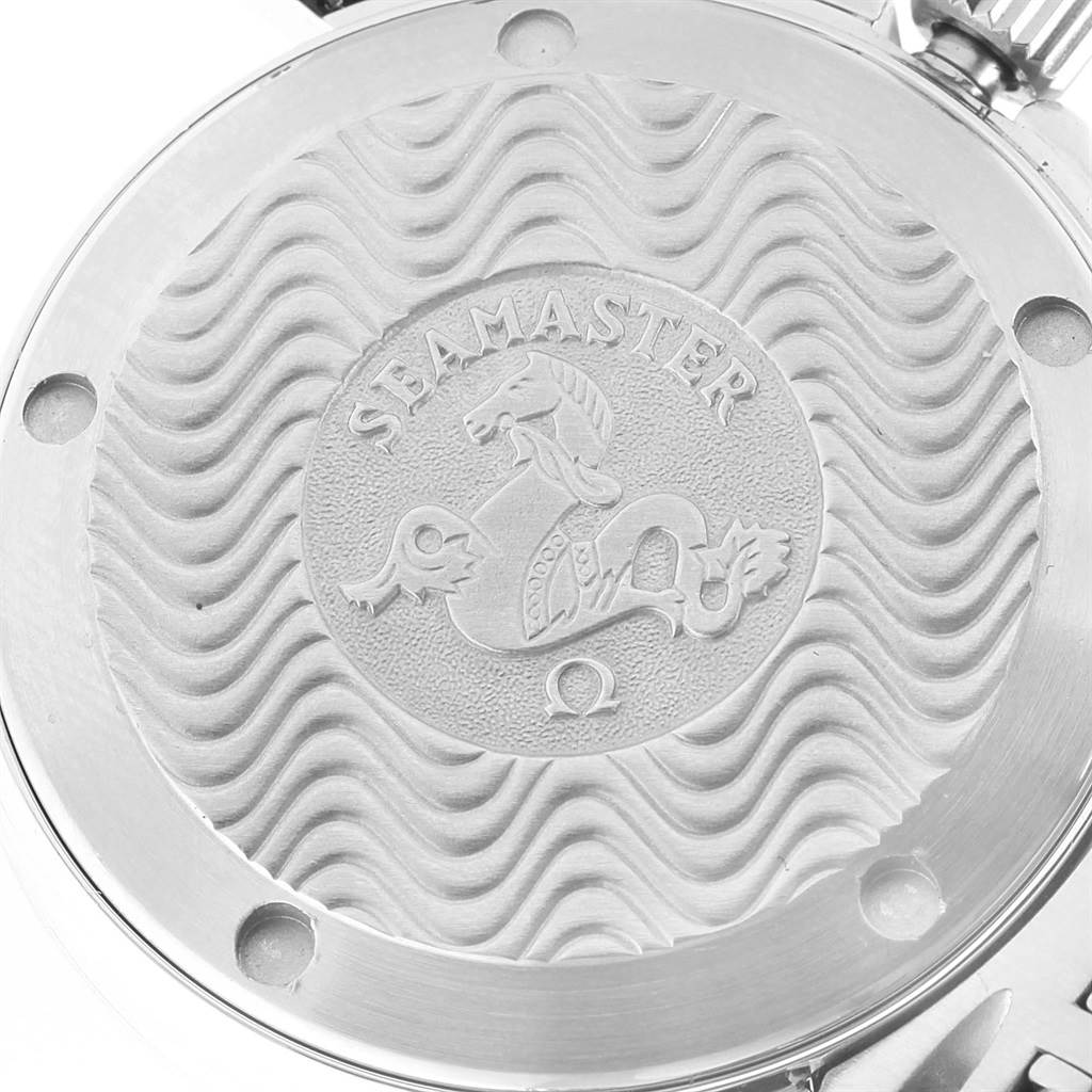 The image shows the engraved case back of the Omega Seamaster 2561.80.00 Men
s Stainless Steel Blue Dial 2561.80.00 Men
s Stainless Steel Blue Dial watch, featuring the Seamaster logo.