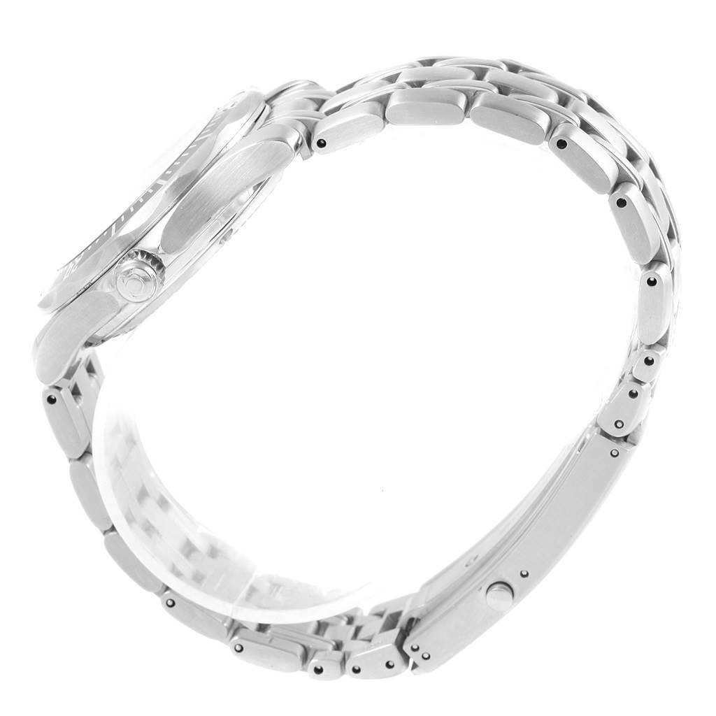 This image shows a side view of an Omega Seamaster 2561.80.00 Men
s Stainless Steel Blue Dial 2561.80.00 Men
s Stainless Steel Blue Dial watch, specifically highlighting the case and stainless steel bracelet.