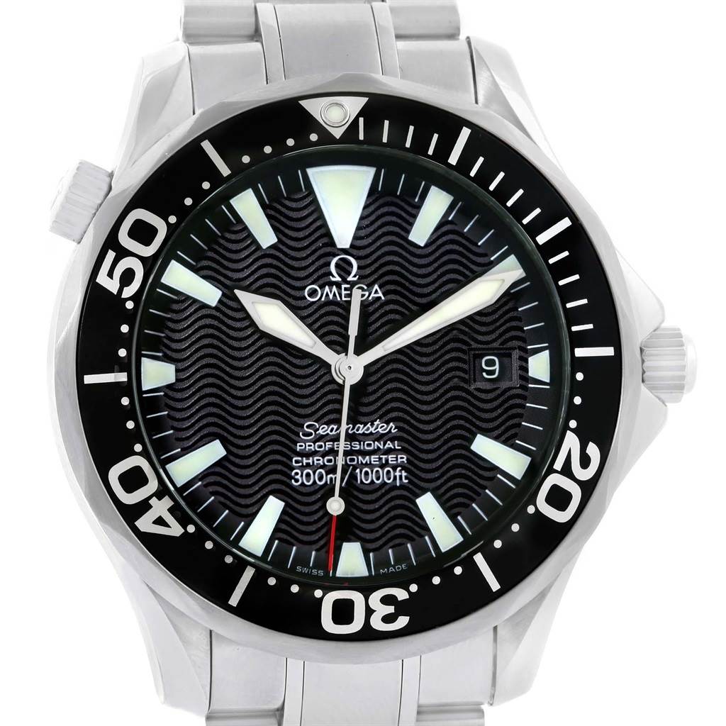 The image shows the front view of an Omega Seamaster 2254.50.00 Men
s Stainless Steel Black Dial 2254.50.00 Men
s Stainless Steel Black Dial watch, displaying the face, bezel, and part of the bracelet.