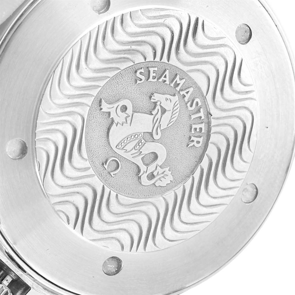 This image shows the engraved case back of an Omega Seamaster 2254.50.00 Men
s Stainless Steel Black Dial 2254.50.00 Men
s Stainless Steel Black Dial watch from a close-up angle.
