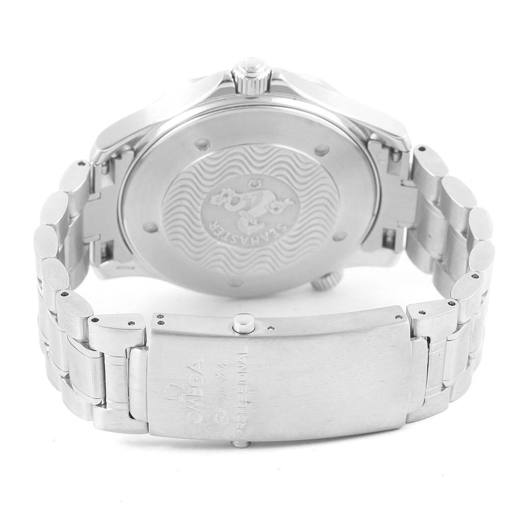 The image shows the back case and bracelet clasp of an Omega Seamaster 2254.50.00 Men
s Stainless Steel Black Dial 2254.50.00 Men
s Stainless Steel Black Dial watch from a rear angle.