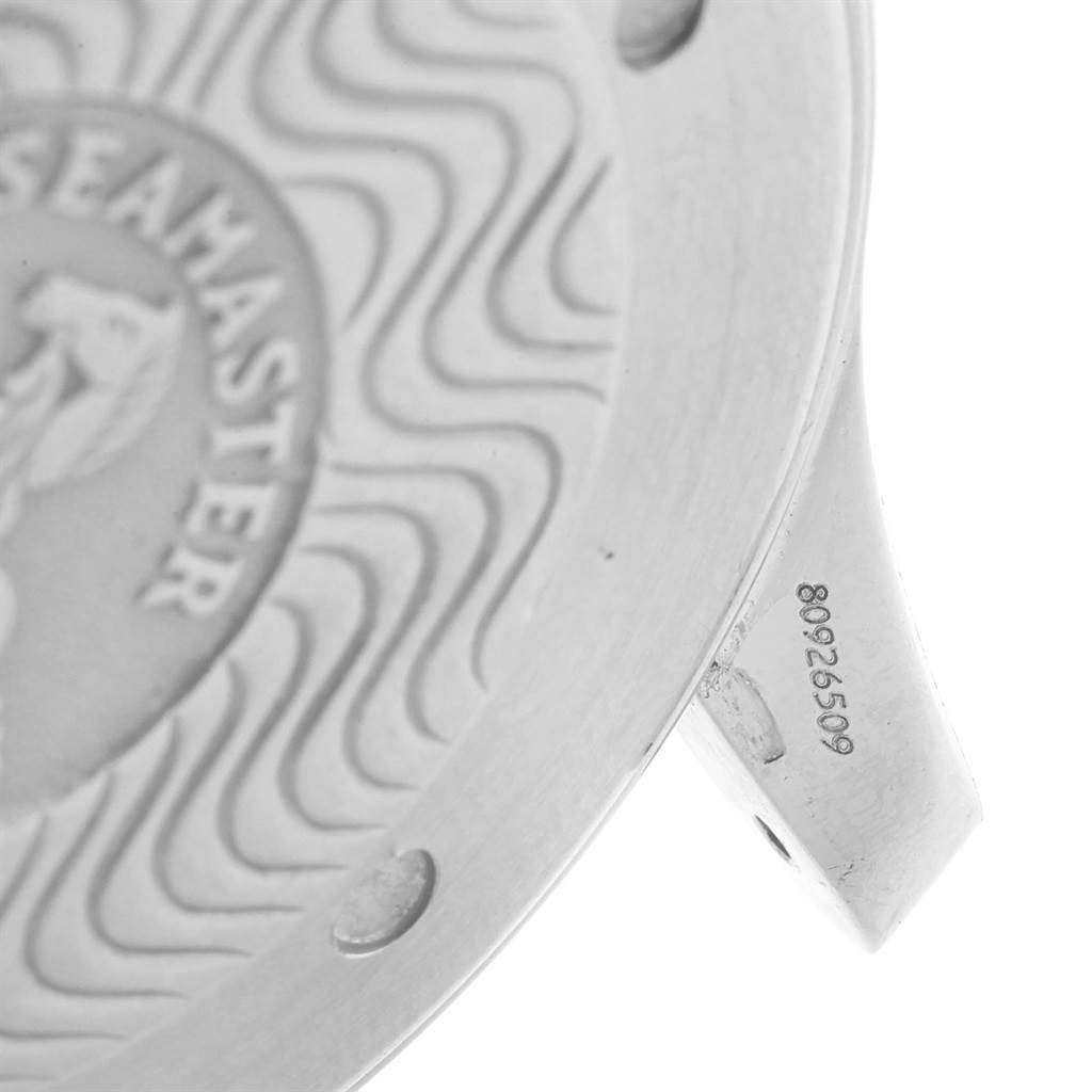 This is a close-up view of the engraved case back and lug of an Omega Seamaster 2254.50.00 Men
s Stainless Steel Black Dial 2254.50.00 Men
s Stainless Steel Black Dial watch.