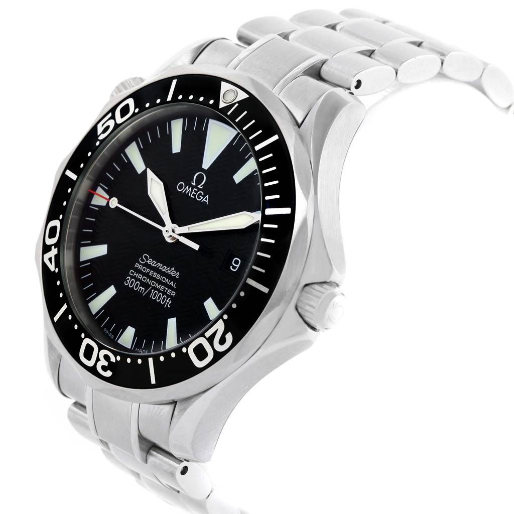 The image shows an Omega Seamaster 2254.50.00 Men
s Stainless Steel Black Dial 2254.50.00 Men
s Stainless Steel Black Dial watch from a 3/4 angle, highlighting its bezel, dial, hands, and stainless steel bracelet.