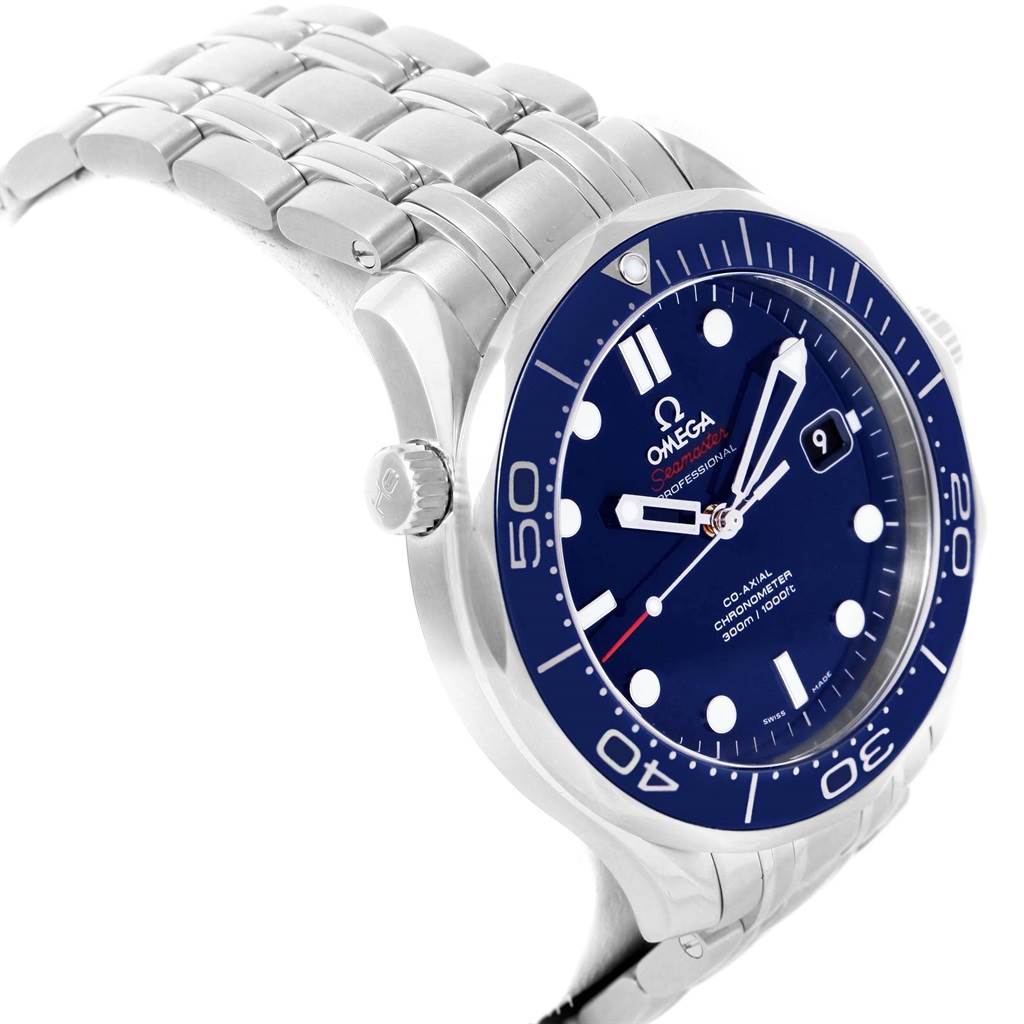 The image shows an angled view of an Omega Seamaster 212.30.41.20.03.001 Men
s Stainless Steel Blue Dial 212.30.41.20.03.001 Men
s Stainless Steel Blue Dial watch displaying its bezel, dial, hands, crown, and bracelet.