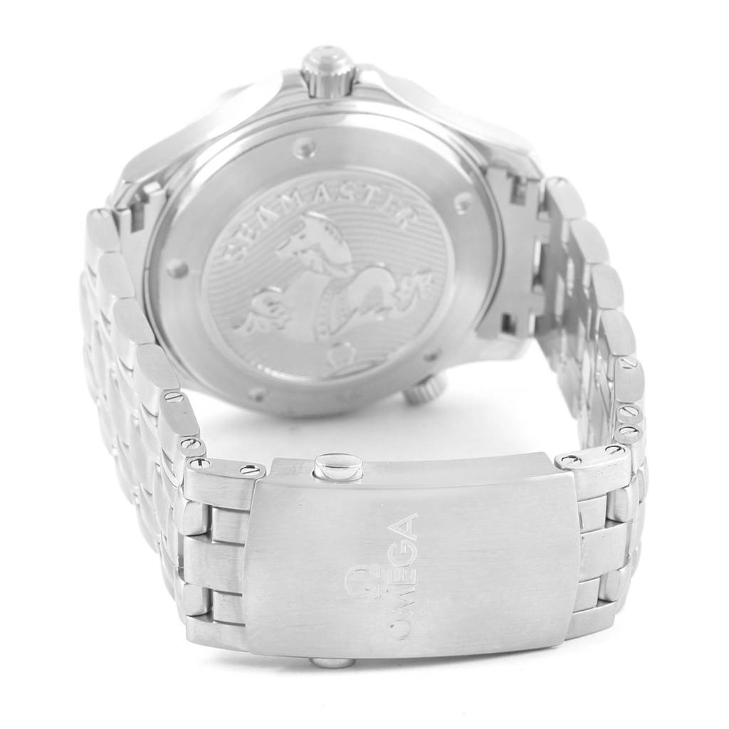 The image shows the back angle of the Omega Seamaster 212.30.41.20.03.001 Men
s Stainless Steel Blue Dial 212.30.41.20.03.001 Men
s Stainless Steel Blue Dial watch, highlighting the case back and metal bracelet clasp.