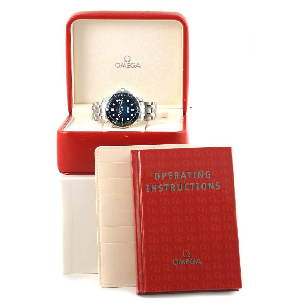 The Omega Seamaster 212.30.41.20.03.001 Men
s Stainless Steel Blue Dial 212.30.41.20.03.001 Men
s Stainless Steel Blue Dial watch is shown in its box with accompanying operating instructions booklets.
