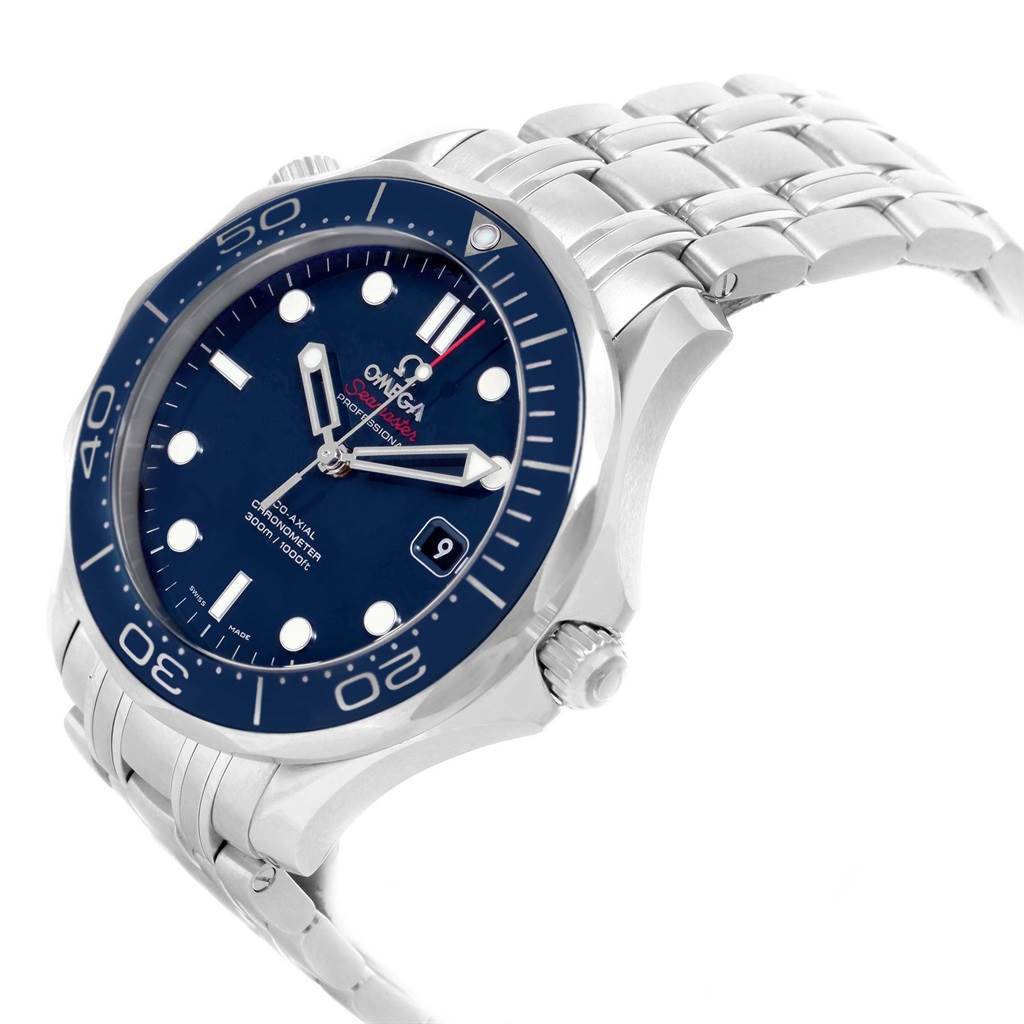 The image shows a side angle of the Omega Seamaster 212.30.41.20.03.001 Men
s Stainless Steel Blue Dial 212.30.41.20.03.001 Men
s Stainless Steel Blue Dial watch, displaying its blue dial, bezel, crown, and metal bracelet.