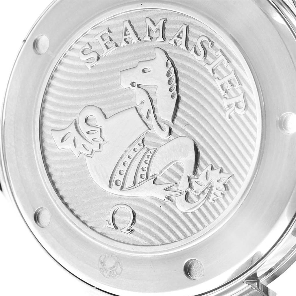 The image shows the case back of the Omega Seamaster 212.30.41.20.03.001 Men
s Stainless Steel Blue Dial 212.30.41.20.03.001 Men
s Stainless Steel Blue Dial watch embossed with the Seahorse logo and wave pattern.