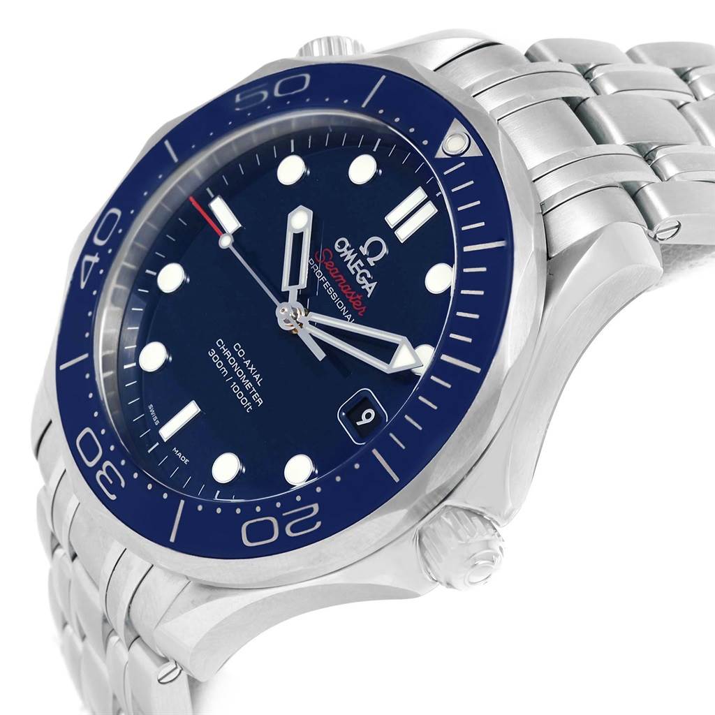 The image shows an angled view of an Omega Seamaster 212.30.41.20.03.001 Men
s Stainless Steel Blue Dial 212.30.41.20.03.001 Men
s Stainless Steel Blue Dial watch, highlighting the dial, bezel, crown, and part of the bracelet.